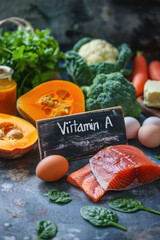 Vitamin A Rich Foods Including Vegetables and Fish.