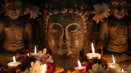 Serene face of a religious statue surrounded by offerings of flowers and candles, evoking deep reverence and symbolism in religious art.