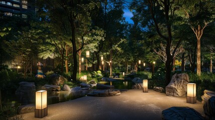 Obraz premium A city park at night, transformed into a tranquil escape with paths lit by soft lanterns. 