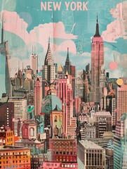 Mixed media art paper photo collage of the city , styled trendy fashion illustration of a poster with a city,  scrapbooking with paint splashes and torn paper , AI