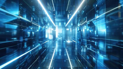 Futuristic Technology Style: Glass Material Background, Blue Tone, High-angle Perspective, Symmetrical Composition Geometric Shapes