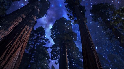 Fototapeta premium A forest of sequoias under the stars, their massive trunks barely discernible in the night. 