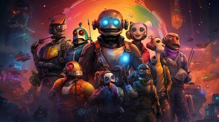 Fototapeta premium Robots and humans celebrate together in a futuristic city.
