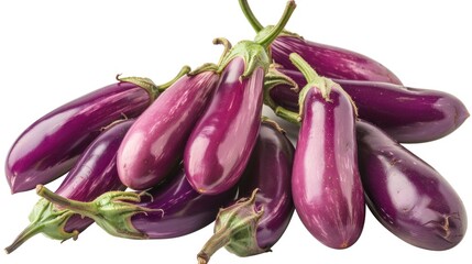 A high-resolution image of shiny purple eggplants, isolated on a white background with clipping path