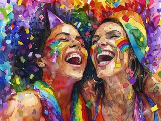 Obraz premium A closeup of LGBTQ friends celebrating Pride Festival, smiling and laughing together, dressed in bright, rainbowthemed attire and surrounded by festive decorations