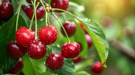 Closeup of sweet ripe cherries on green branches in garden scene.