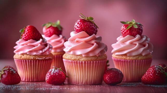 Strawberry Cupcakes with Pink Frosting, Cupcakes topped with pink icing and fresh strawberries, Dessert