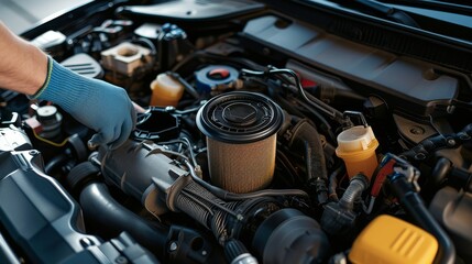 Fototapeta premium New car oil filter being installed by a mechanic, with a focus on the clean engine compartment