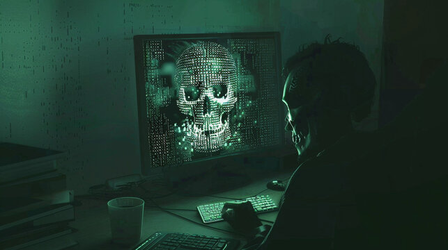 Skeleton apper on computer screen in dark room, malware and hacking concept