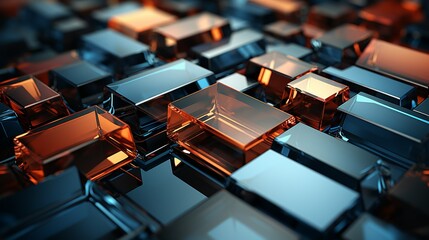 Abstract 3D rendering of geometric shapes floating in space, accented by metallic finishes and glossy plastic surfaces. Painting Illustration style, Minimal and Simple,