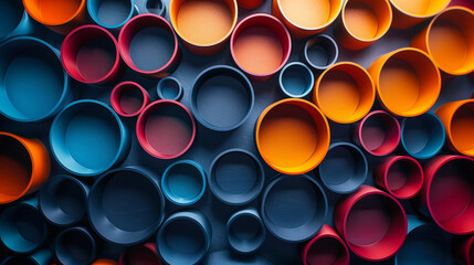 A wall constructed from an assortment of differently colored pipes creating a vibrant and unique mosaic pattern.