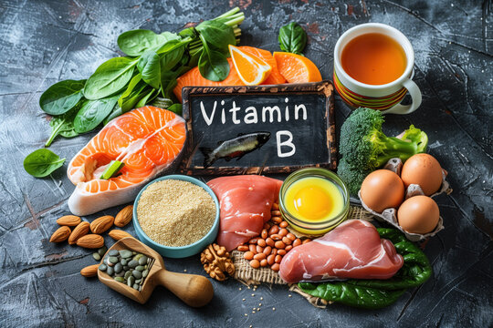 Vitamin B Rich Foods Including Salmon, Vegetables, and Nuts.