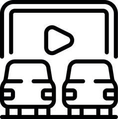 Minimalist line art icon of a drivein theater with two cars facing a screen