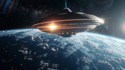 Obraz premium A spaceship is flying through space with a bright light on top