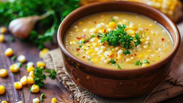 Creamed corn soup placed on a wooden table