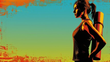 Detailed and vibrant illustration of a confident woman with a yoga mat, exuding balance and serenity.