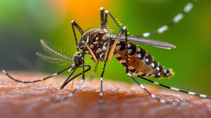 Close-up of Aedes Mosquito with White Leg Markings Resting on Human Arm - Mosquito-Borne Diseases Concept