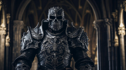 Immerse yourself in an epic adventure with a chivalrous warrior in full armor against high quality medieval background.