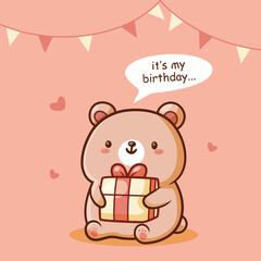 Cartoon bear holds birthday present with speech bubble. great for birthday invitations, greeting cards, posters, and social media posts.
