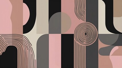 Modern abstract background, wooden textures, geometric shapes in pink, black, gray and beige colors.	