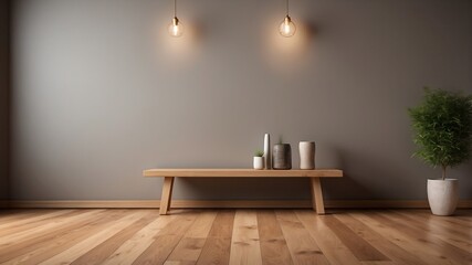 ฉากพื้นหลังมีหลอดไฟบนผนัง พื้นไม้สีน้ำตาลอ่อนบนพื้นมีชั้นวางของ