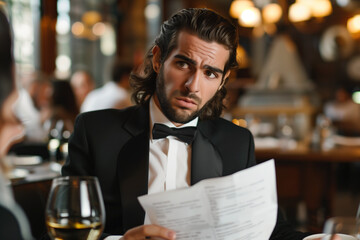 Man in Black Tie Attire with Confused Expression at Upscale Restaurant.