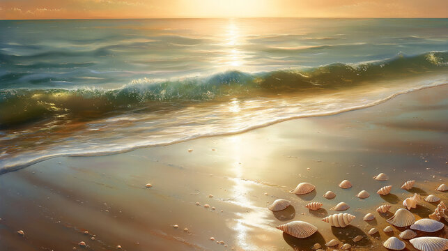 A serene beach scene with the sun setting over the occean 