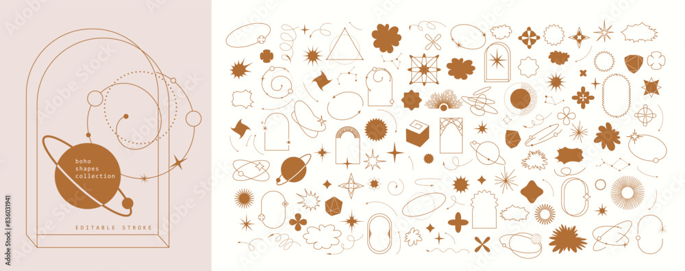 Wall mural set of geometric boho design elements icons and symbols. simple shapes forms and frames inspired ret