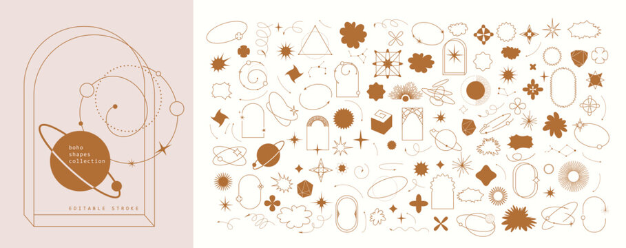 Set of geometric boho design elements icons and symbols. Simple shapes forms and frames inspired retro cosmic style
