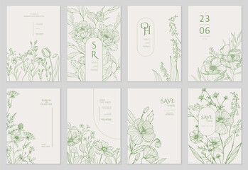 Set of floral invitation save the date card with detailed various flowers. Luxury vintage botanic template layout design, brochure or cover