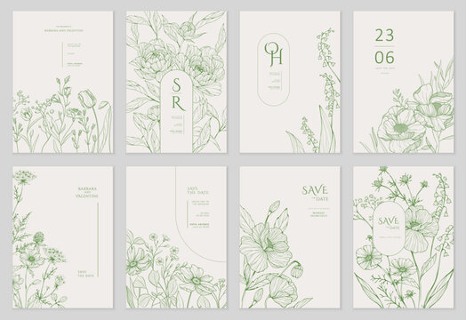Set of floral invitation save the date card with detailed various flowers. Luxury vintage botanic template layout design, brochure or cover
