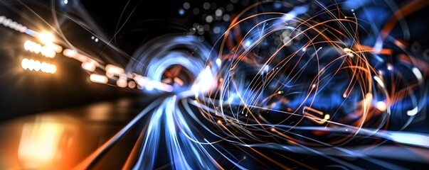 Abstract Background with Glowing Blue and Orange Circles and Digital Data Flow