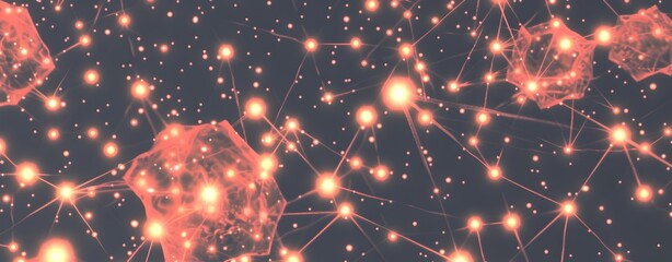 Digital Background of Data Connections and Bokeh Lights in Blue and Orange
