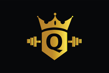 Letter Q golden crown with shield logo vector illustration.	
