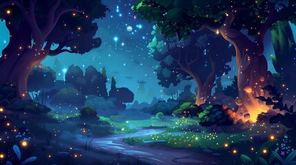 Starry Night in Enchanted Forest with Glowing Trees