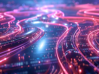 Fototapeta premium Glowing Digital Landscape with Luminous Network Connections and Abstract Patterns