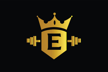 Letter E Logo With barbell. Fitness Gym logo Vector - Royal fitness logo with crown
