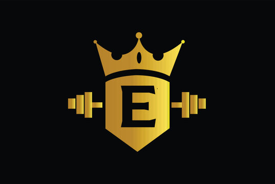 Letter E Logo With barbell. Fitness Gym logo Vector - Royal fitness logo with crown