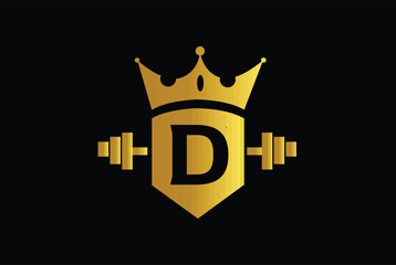 Letter D Logo With barbell. Fitness Gym logo Vector - Royal fitness logo with crown