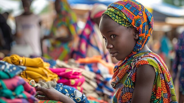 A vibrant scene at a local market where a Fulani girl in colorful fabrics bargains over goods, showcasing lively community spirit and economic traditions.
