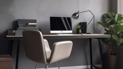 Fototapeta premium Home office setup with a sleek desk, indoor plants and laptop