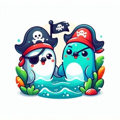 Naklejka premium Two cartoon penguins are in a body of water
