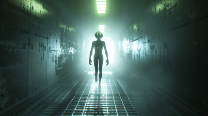 Obraz premium A man in a green suit is walking through a dark tunnel