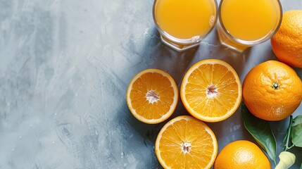Fresh orange fruits and juice on marble table . Generative Ai