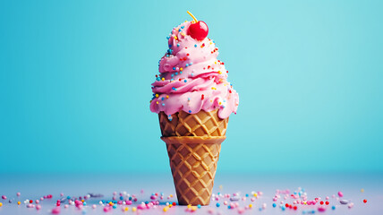 Strawberry ice cream in waffle cone isolated on blue background