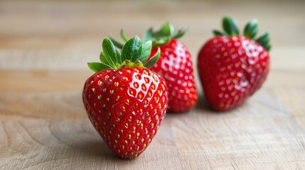 Fresh red strawberry on light brown wooden background. Generative Ai