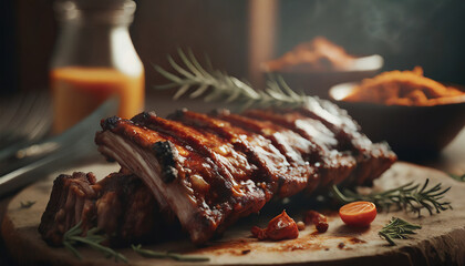 Close up of grilled spare ribs on plate over dark kitchen or restaurant table background. Delicious...