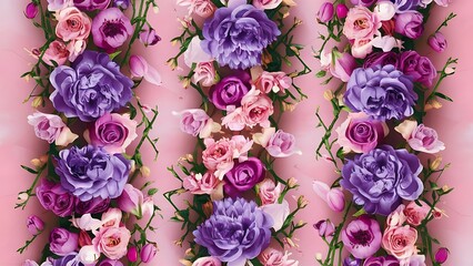 Various summer flowers flat lay purple peonies pink roses tulips and green branches over pastel pink background top view copy space vertical composition flower texture wallpaper and background