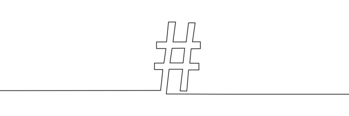 The hashtag symbol is drawn in one continuous line. Line art, outline, single line silhouette. Editable line