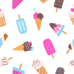 Cute kids seamless pattern with ice cream. Vector texture for fabric, wrapping paper, packaging, wallpaper.